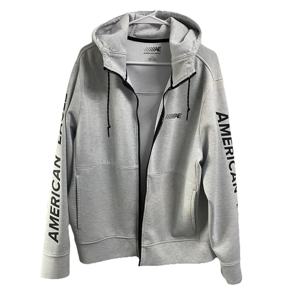 American Eagle Men's Y2K Gray Hoodie Jacket‎ Arm Spellout Size L Broken Zipper
